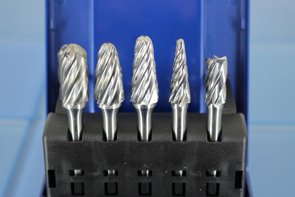 5 pc Set Aluminum Carbide Rotary Burr File, 1/2 Inch and 3/8 Inch Head, 1/4 Inch Diameter 2 Inch Long Shank L579867