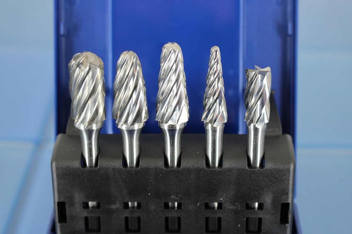 5 pc Set Aluminum Carbide Rotary Burr File, 1/2 Inch and 3/8 Inch Head, 1/4 Inch Diameter 2 Inch Long Shank L579867