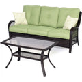 2-Piece Steel Outdoor Patio Deep Seating Set with Brown Wicker, Sofa, Avocado Green Cushions, 2 Pillows and Glass Top Rectangular Coffee Table S21460