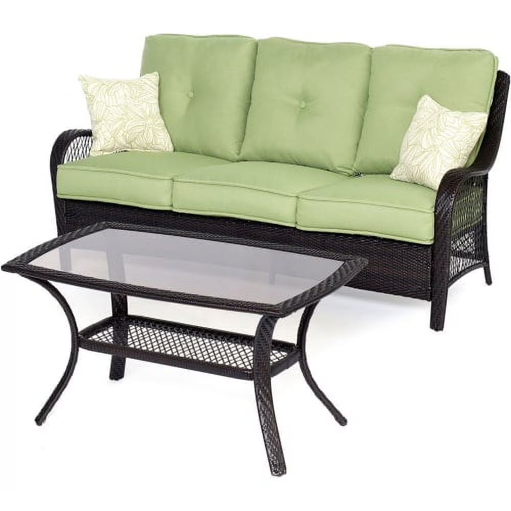 2-Piece Steel Outdoor Patio Deep Seating Set with Brown Wicker, Sofa, Avocado Green Cushions, 2 Pillows and Glass Top Rectangular Coffee Table S21460