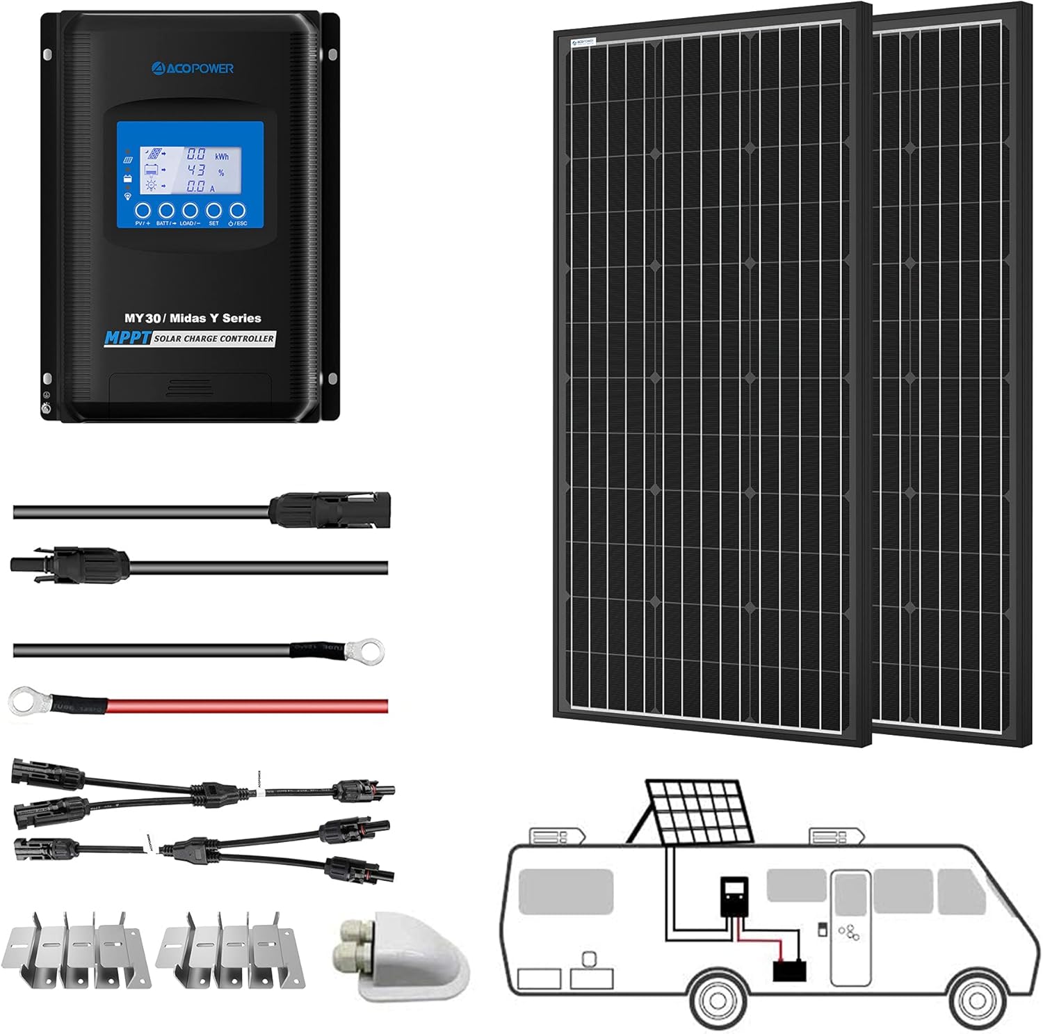 100 Watts Monocrystalline Solar RV Kit with 20A PWM LCD Charge Controller M513527