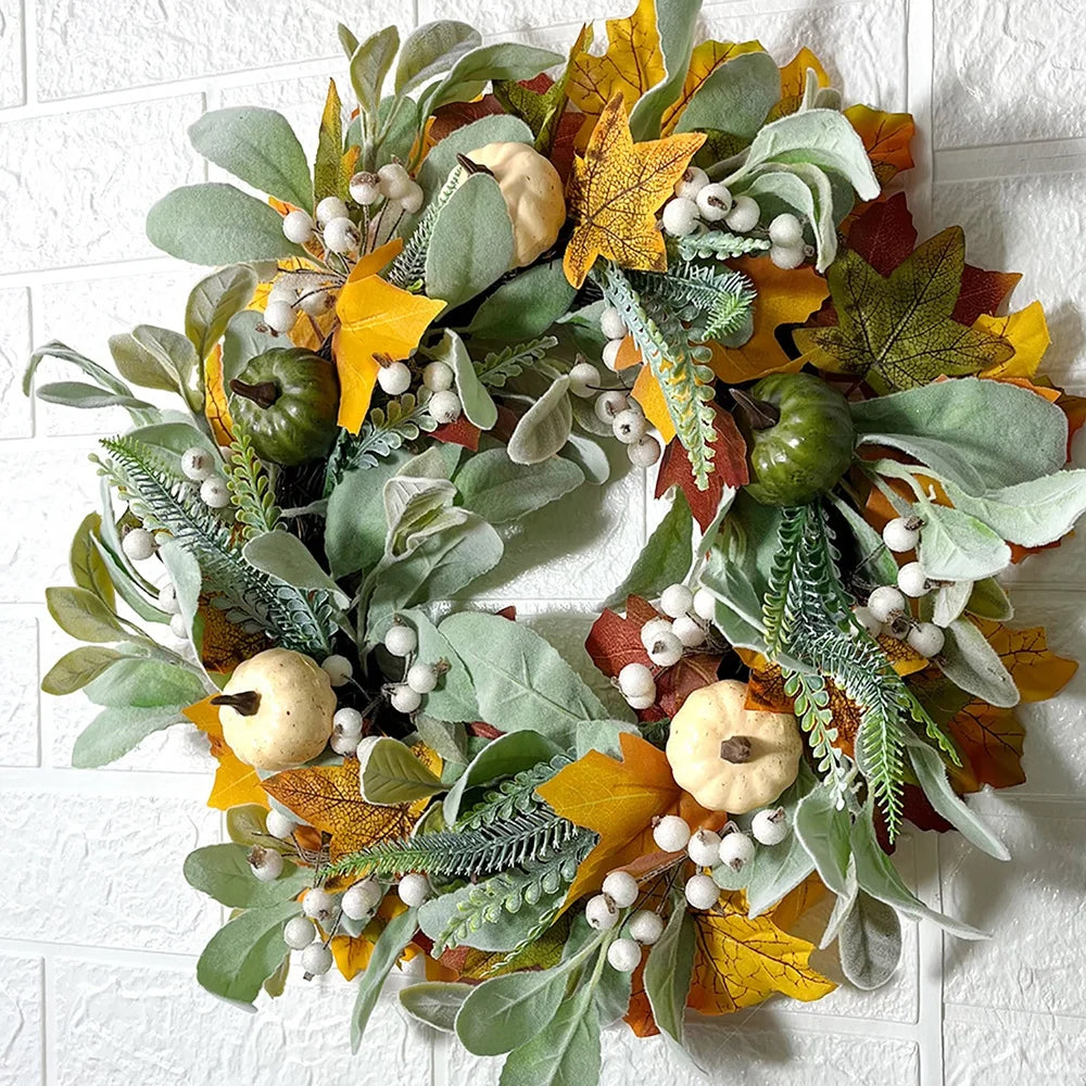 17 Inch Autumn Maple Leaf Pumpkin Berry Wreath N48399