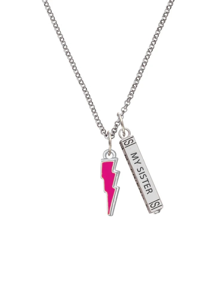 Silvertone Hot Pink Lightning Bolt Sister Bar Charm Necklace, 23" D507