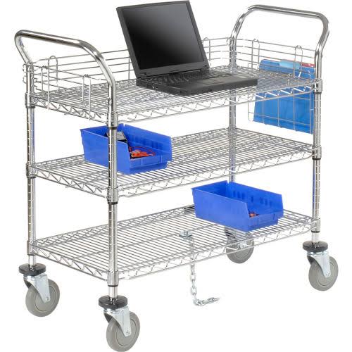 Utility Cart, 3 Shelf, Chrome, Polyurethane Casters T421763