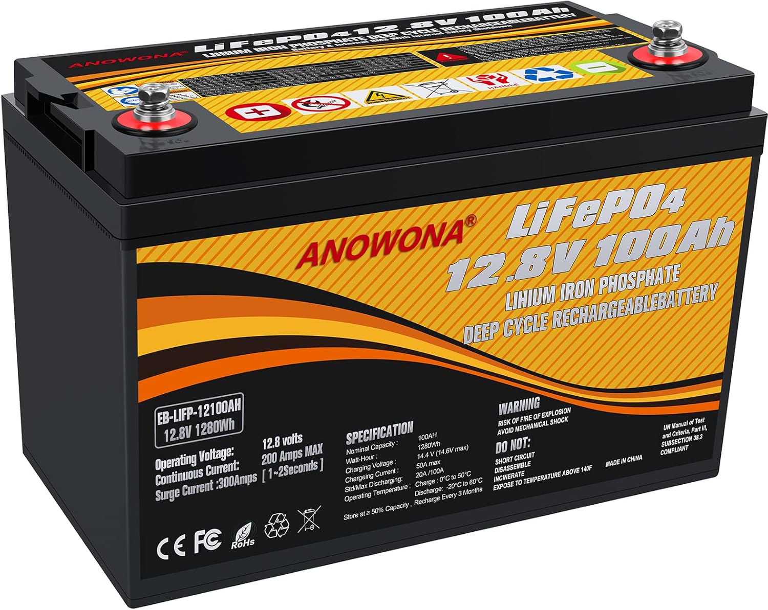 12.8V 200Ah LiFePO4 Deep Cycle Battery with 100A BMS U599