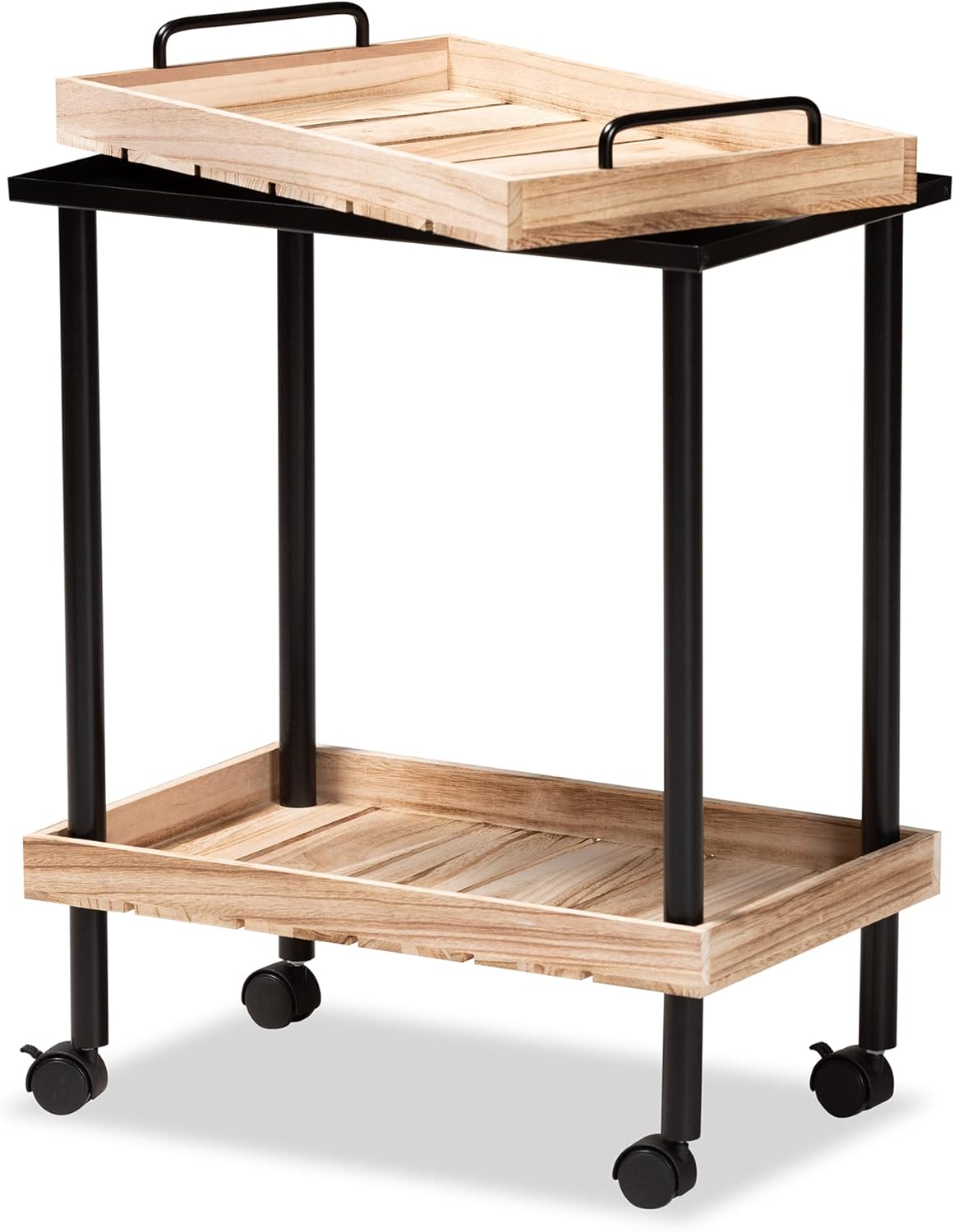 Oak Brown Finished Wood and Black Metal Kitchen Cart Q148