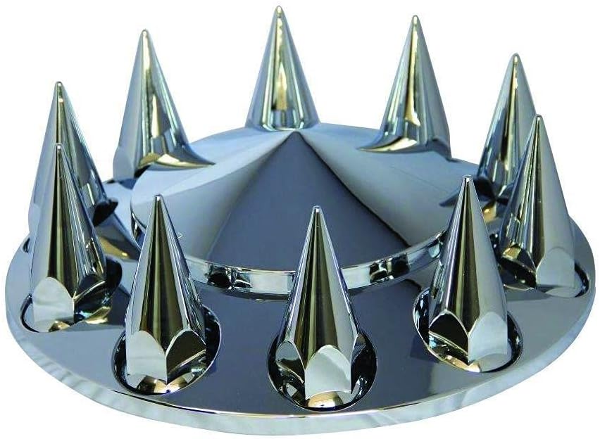 Semi Truck Chrome Front Axle Wheel Cone Style Cover Kit Hub Cap with 33mm Spike Thread-On Nuts Covers N2056