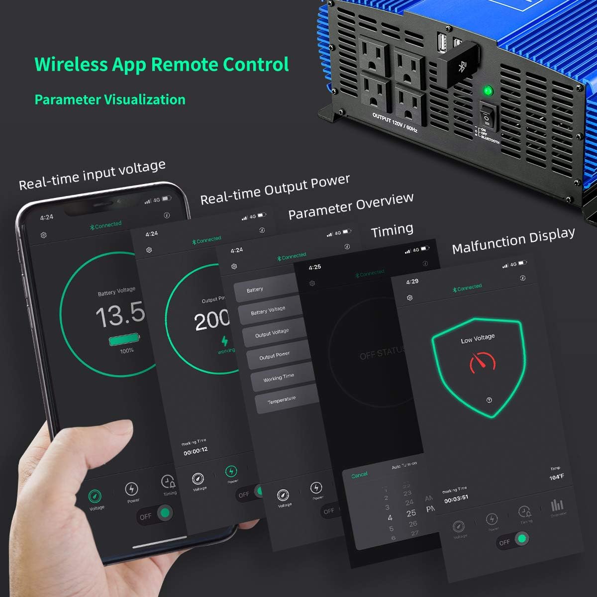 3000W Pure Sine Wave Power Inverter 12V DC to 110V AC Car Inverter with Bluetooth 4 AC Outlets 2 USB Ports J452