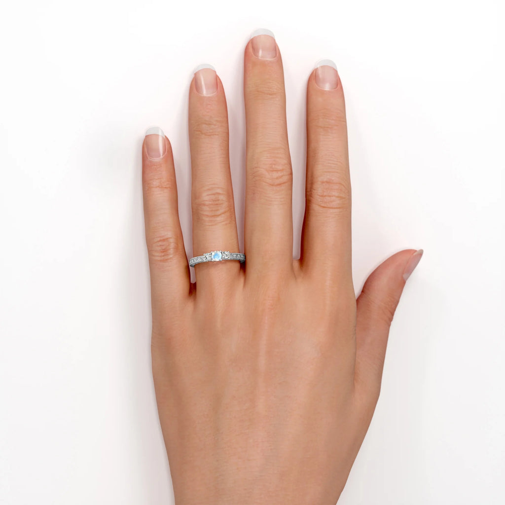 18K White Gold Plated Rainbow Moonstone and Moissanite Engagement Ring F77014