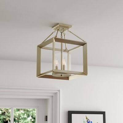 3 - Light 11.8x22 Lantern Square Semi Flush Mount Fixture White Gold Clear L569785