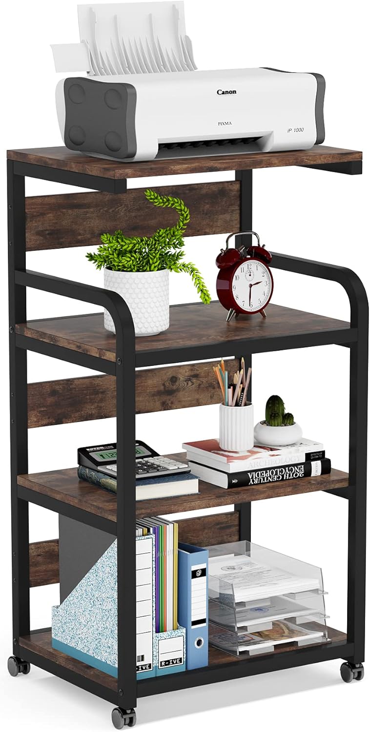 Rustic Brown 4-Shelf Mobile Printer Stand with Storage Shelves on Wheels U110647