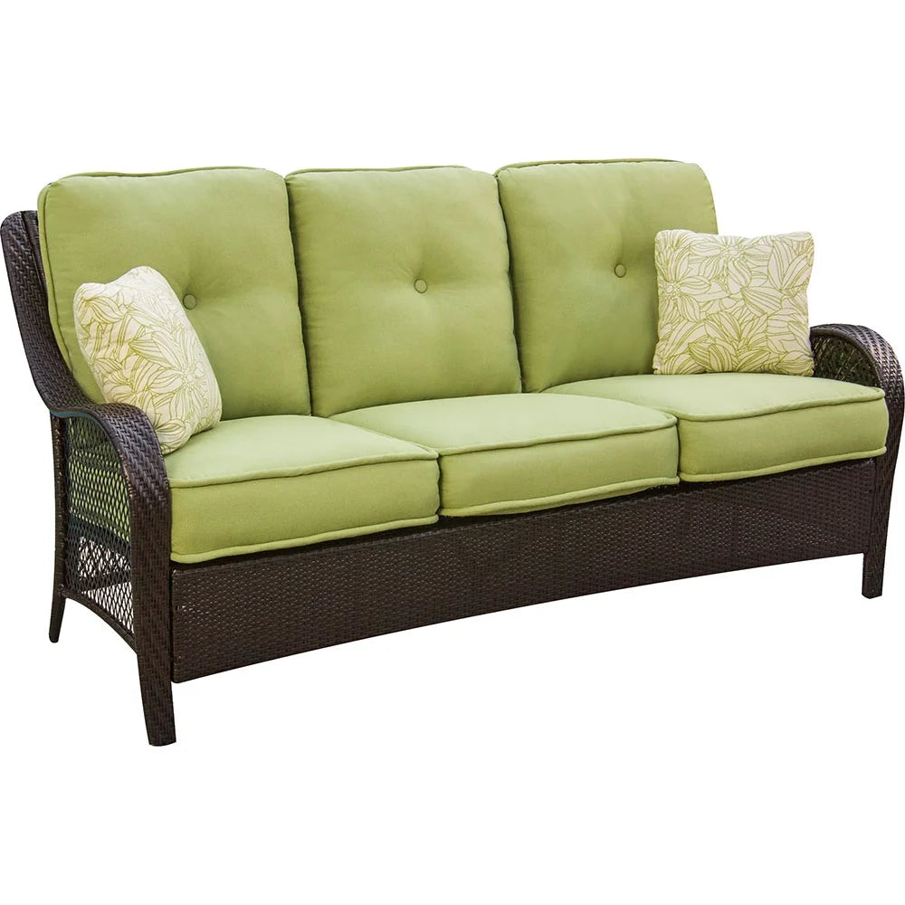 2-Piece Steel Outdoor Patio Deep Seating Set with Brown Wicker, Sofa, Avocado Green Cushions, 2 Pillows and Glass Top Rectangular Coffee Table S21460