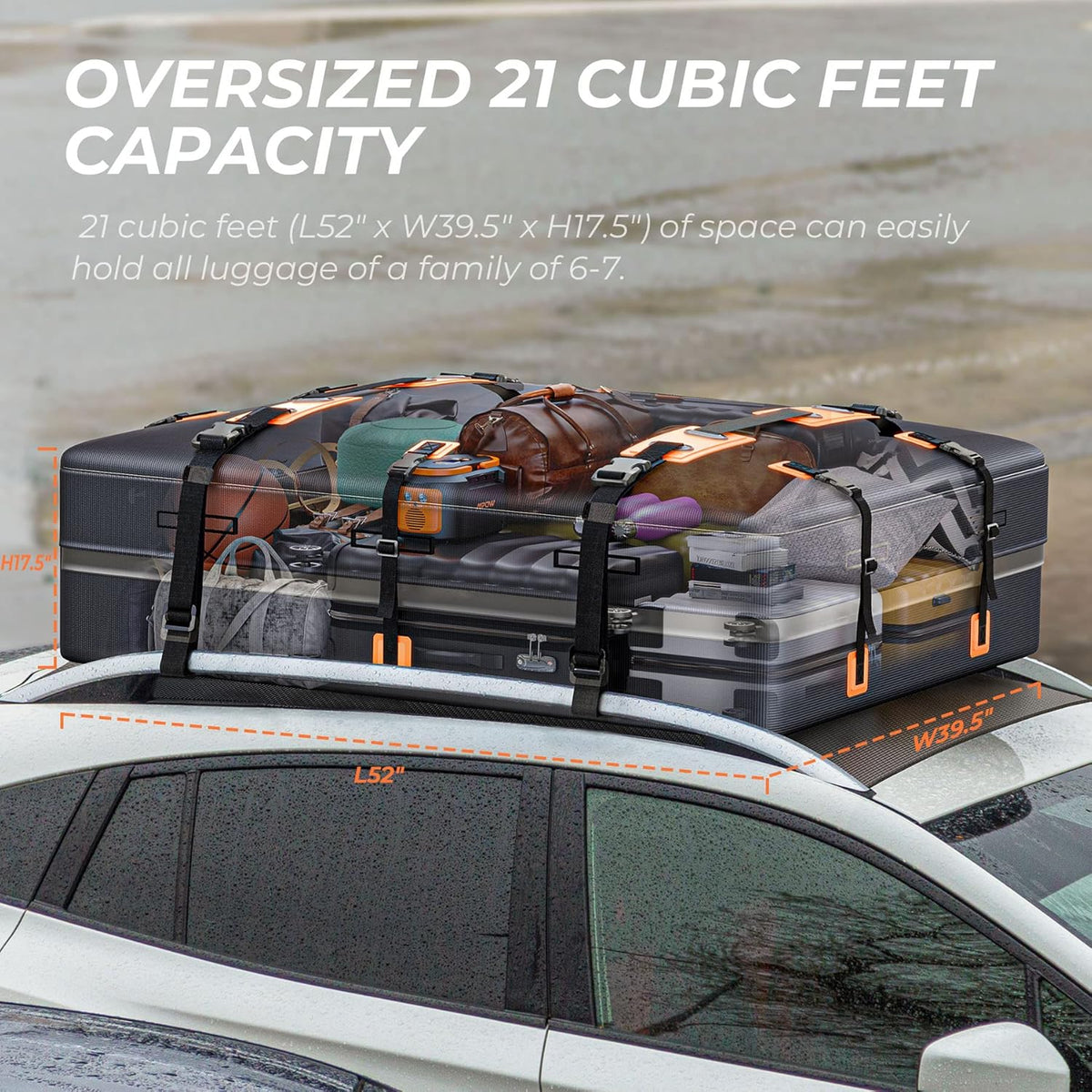 Car Rooftop Bag, 21 Cubic, 100% Waterproof, Rooftop Cargo Carrier with 10 Straps + 4 Door Hooks + Anti-Slip Mat + Storage Bag R9779