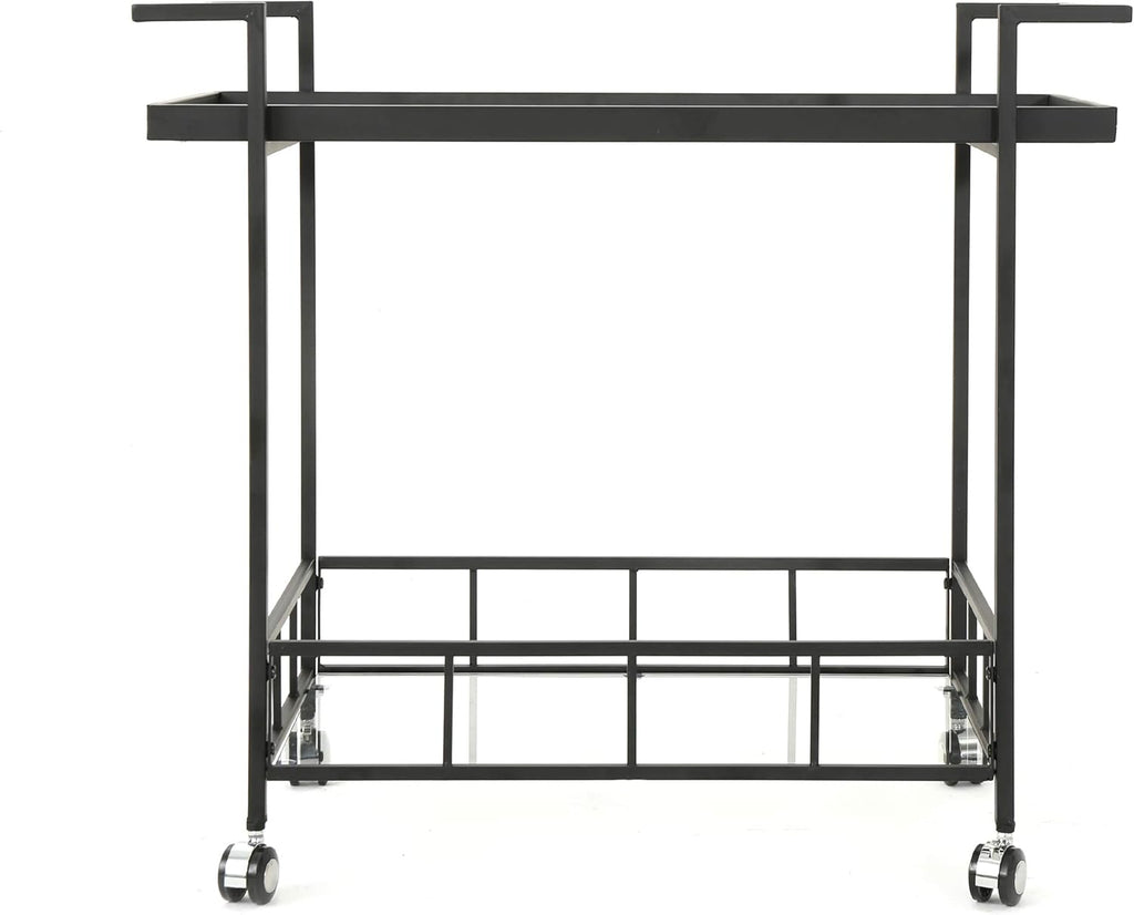 Black Industrial Iron Bar Cart with Tempered Glass Shelves F94274