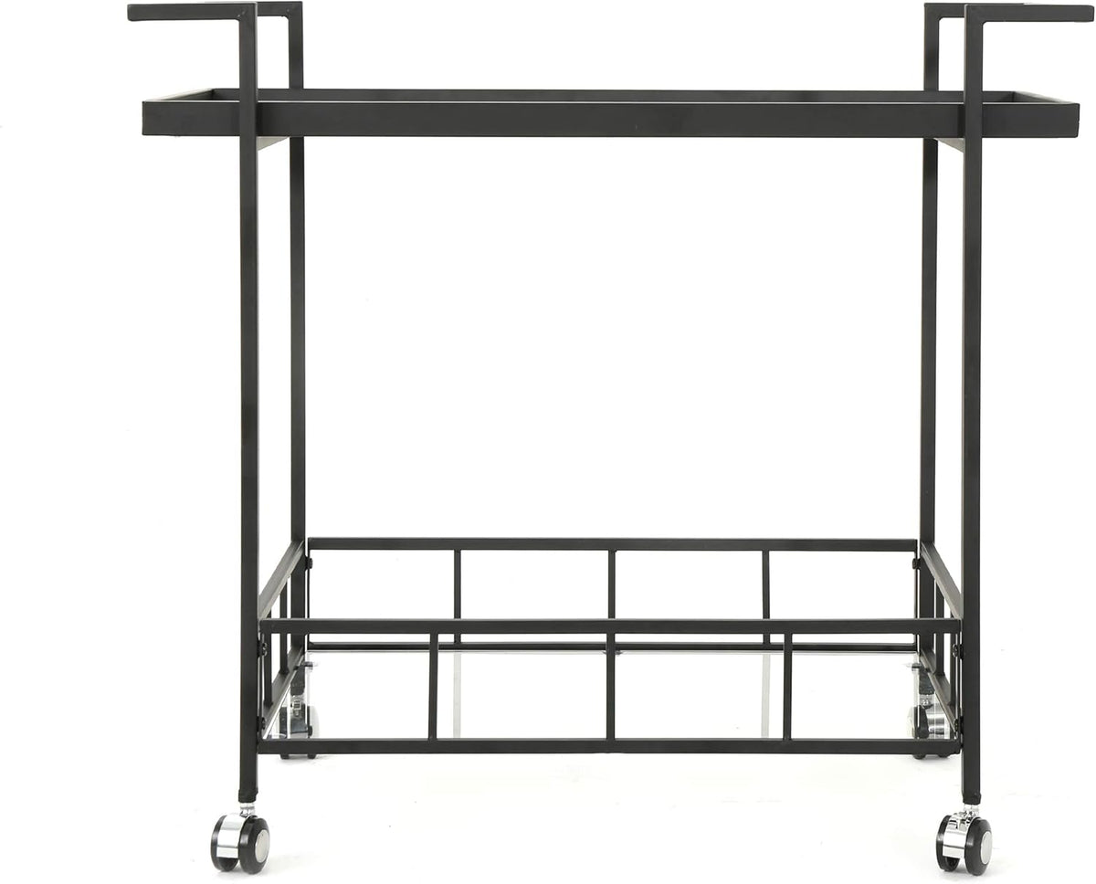 Black Industrial Iron Bar Cart with Tempered Glass Shelves F94274