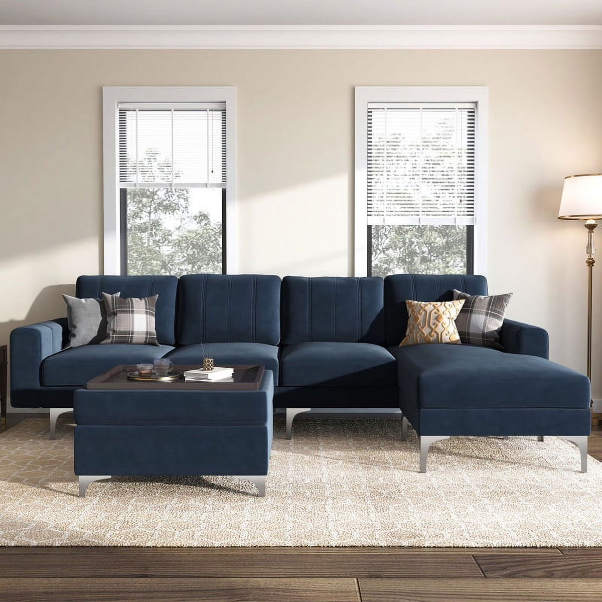 Dark Blue Velvet Convertible Sectional Sofa with Storage Ottoman Q4985
