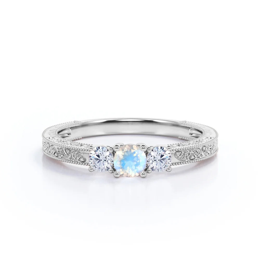 18K White Gold Plated Rainbow Moonstone and Moissanite Engagement Ring F77014