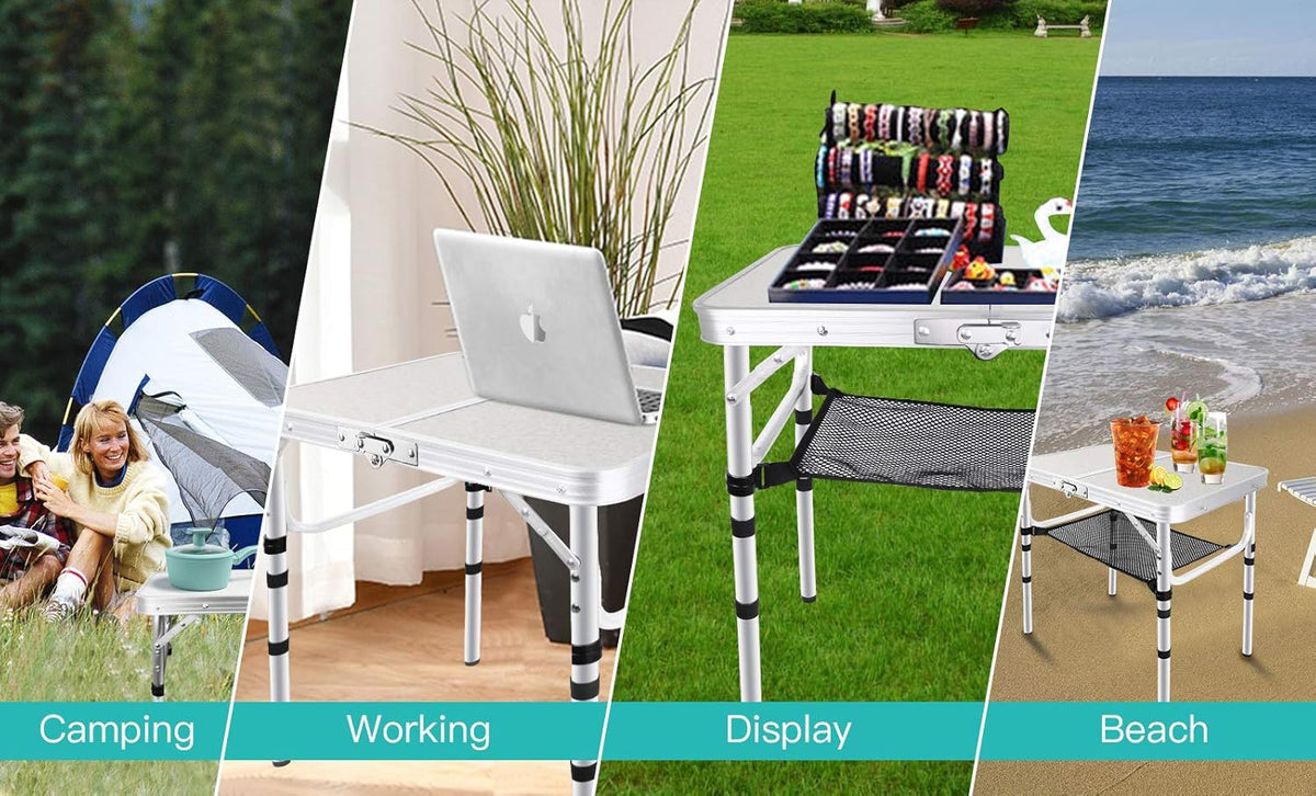 Folding Camping Table with Storage, Height Adjustable Aluminum Camp Table K573