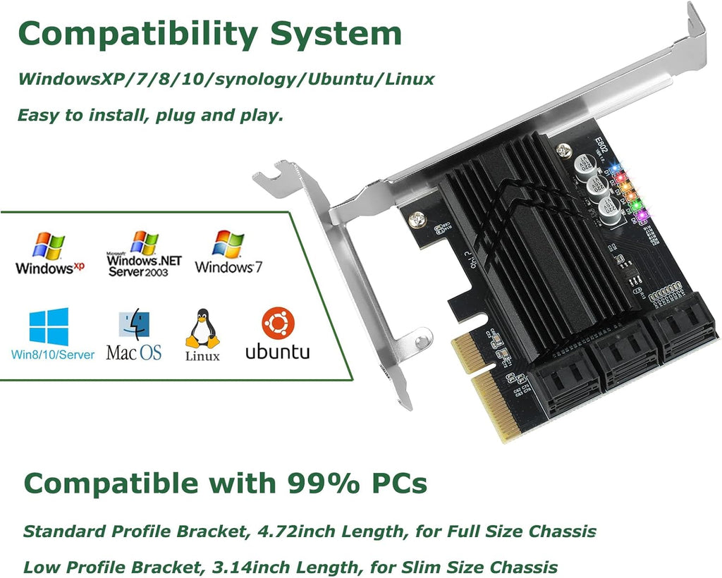 PCIe X4 SATA Card 6 Ports, Non Raid, SATA III Controller Expansion Card 6 Gbps, with 6 SATA Cables+Thin Bracket Pack of 2 M7167