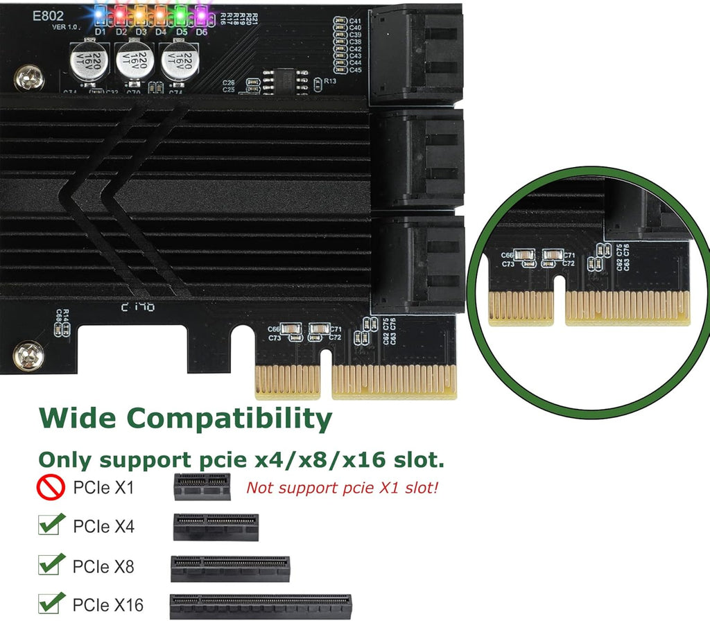 PCIe X4 SATA Card 6 Ports, Non Raid, SATA III Controller Expansion Card 6 Gbps, with 6 SATA Cables+Thin Bracket Pack of 2 M7167