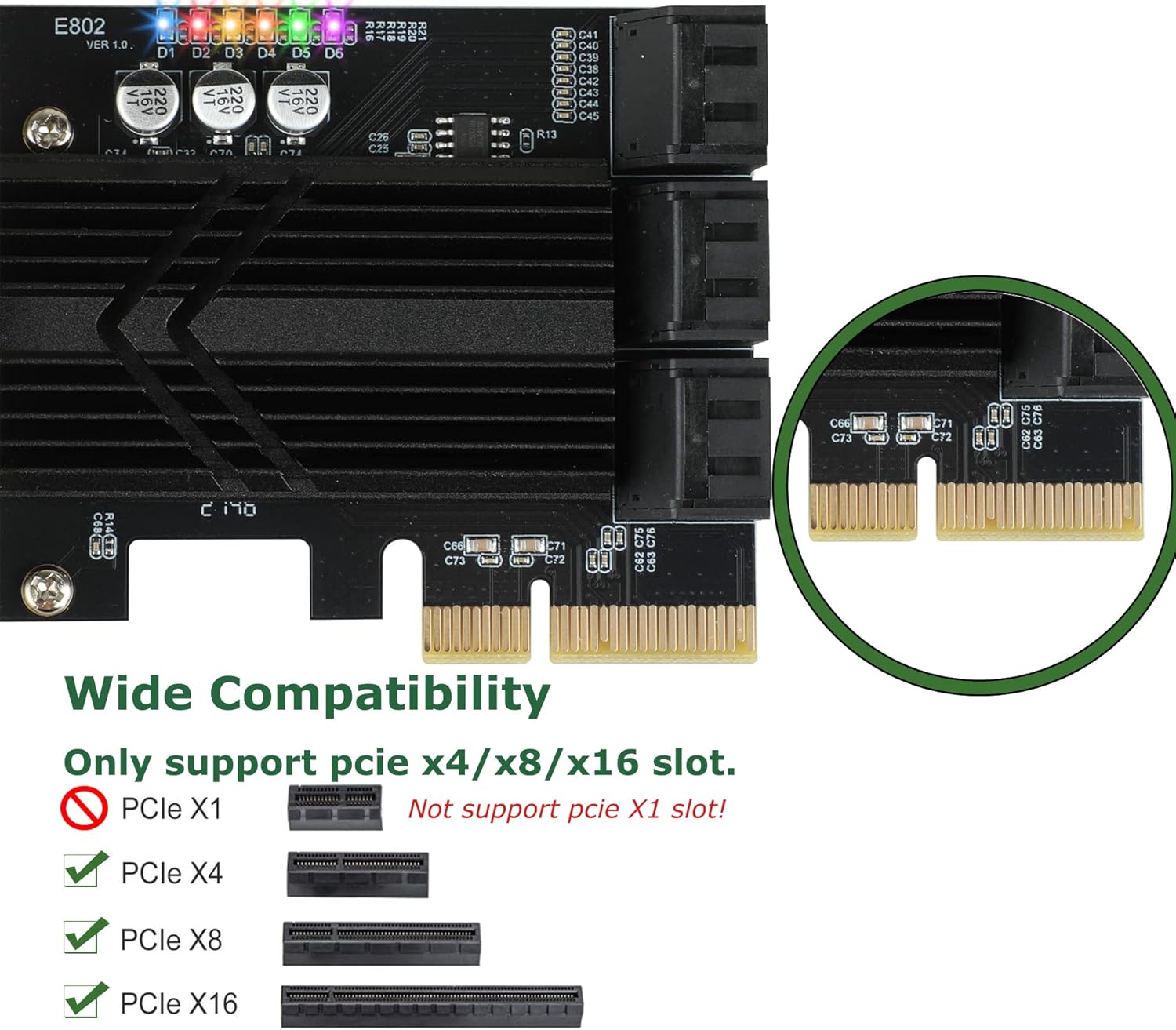 PCIe X4 SATA Card 6 Ports, Non Raid, SATA III Controller Expansion Card 6 Gbps, with 6 SATA Cables+Thin Bracket Pack of 2 M7167