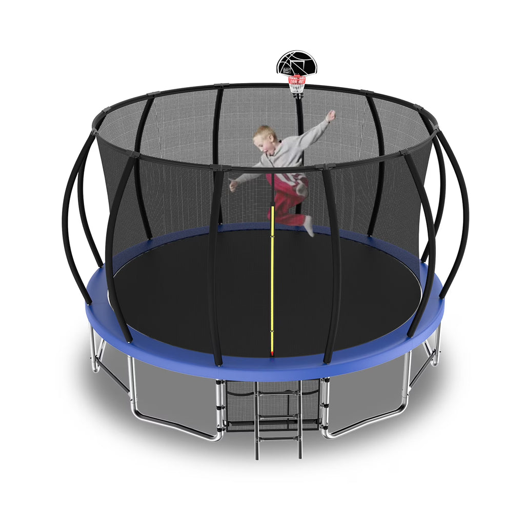 15FT Trampoline with Basketball Hoop, Blue, with Enclosure Net & Ladder K6289