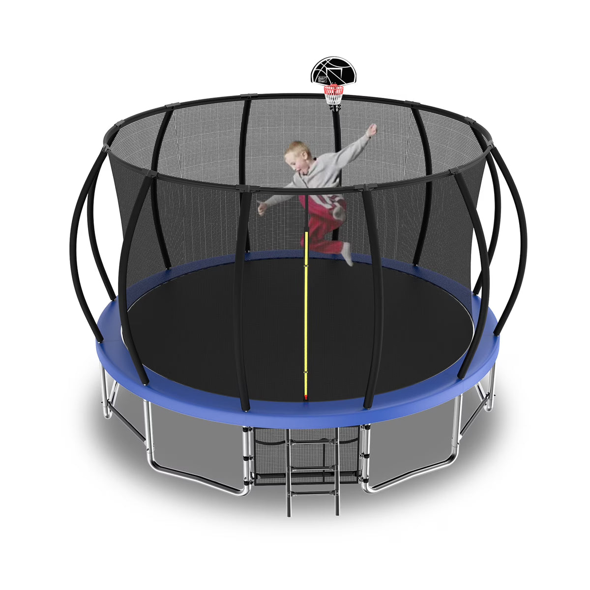 15FT Trampoline with Basketball Hoop, Blue, with Enclosure Net & Ladder K6289