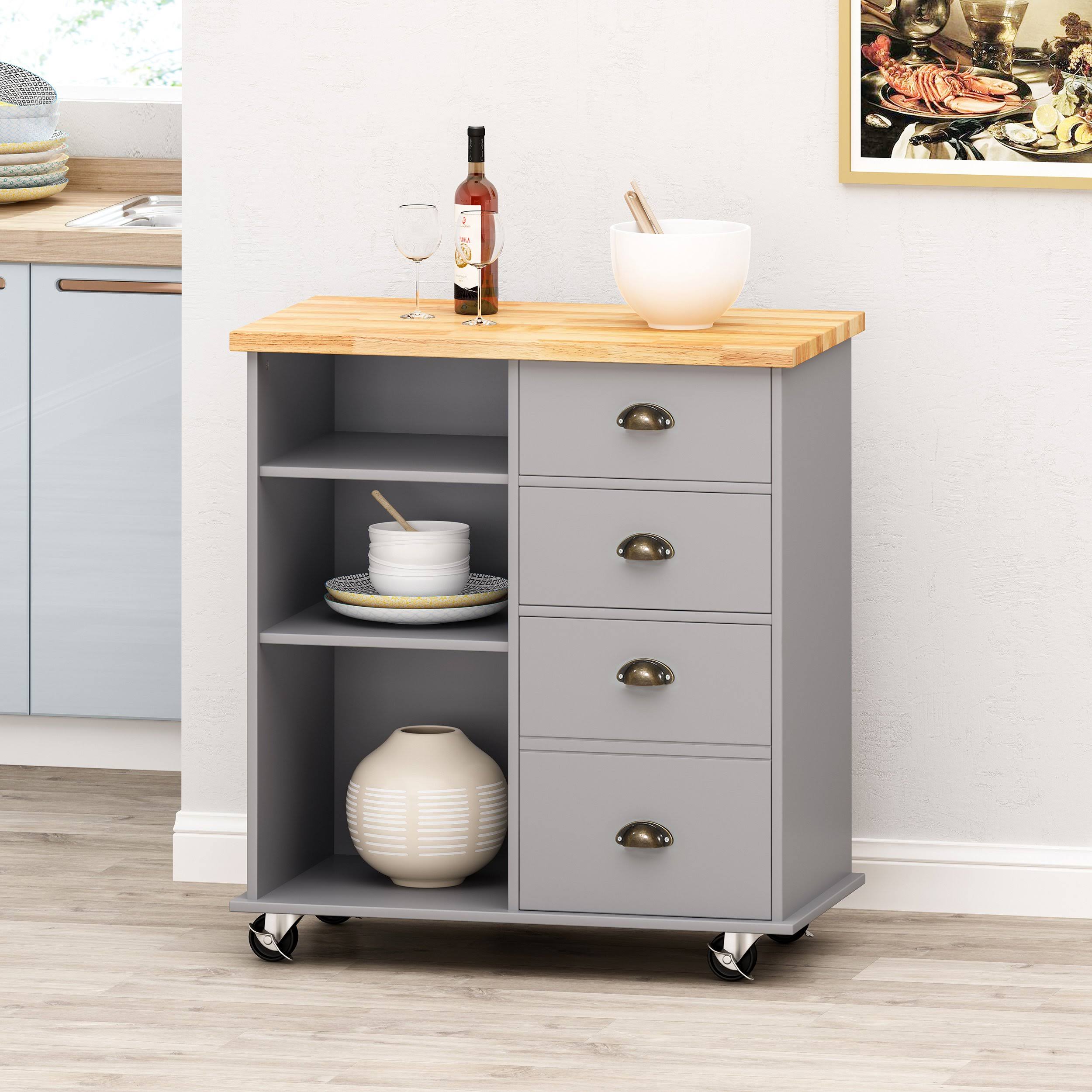 Gray/Natural Kitchen Cart with Wheels D338