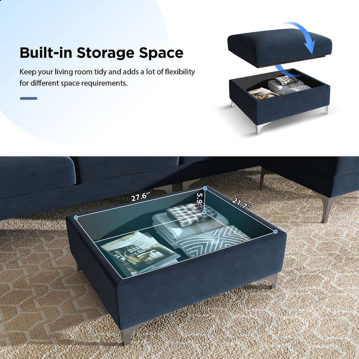 Dark Blue Velvet Convertible Sectional Sofa with Storage Ottoman Q4985