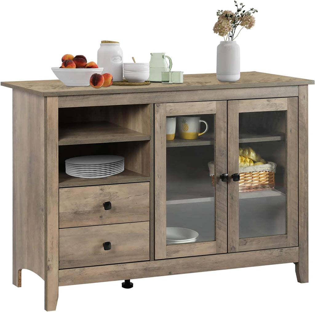 Rustic Farmhouse Kitchen Buffet Sideboard with Glass Doors, 2 Drawers & Open Compartments, Walnut K39205