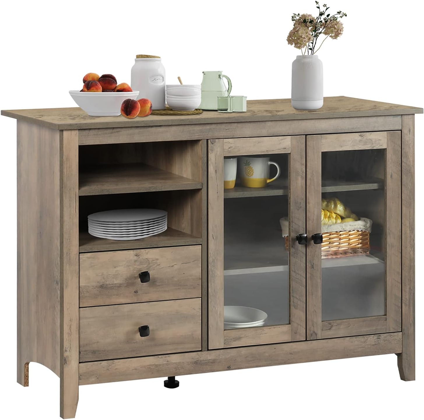 Rustic Farmhouse Kitchen Buffet Sideboard with Glass Doors, 2 Drawers & Open Compartments, Walnut K39205