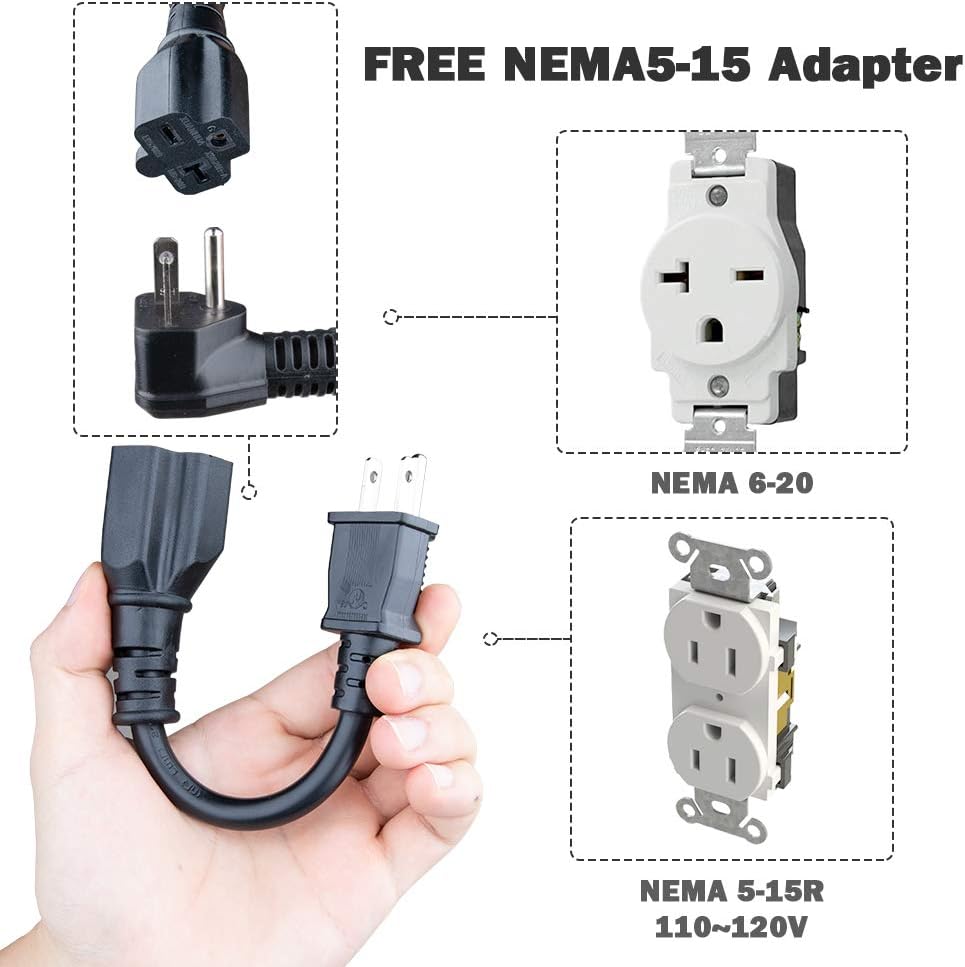 16A Portable EV Charger with NEMA 6-20P Adapter, 100V-240V, SAE J1772 Plug 8m H93826