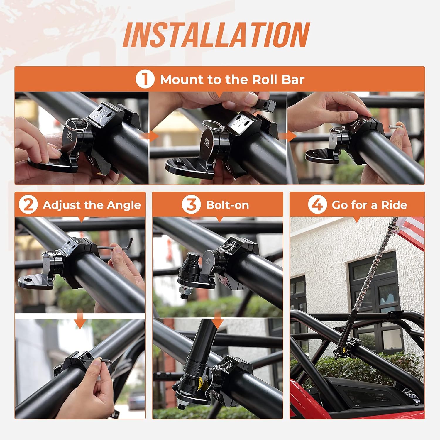 2PCS Aluminum Adjustable UTV Whip Mount for 1.75-2 Roll Bar T578