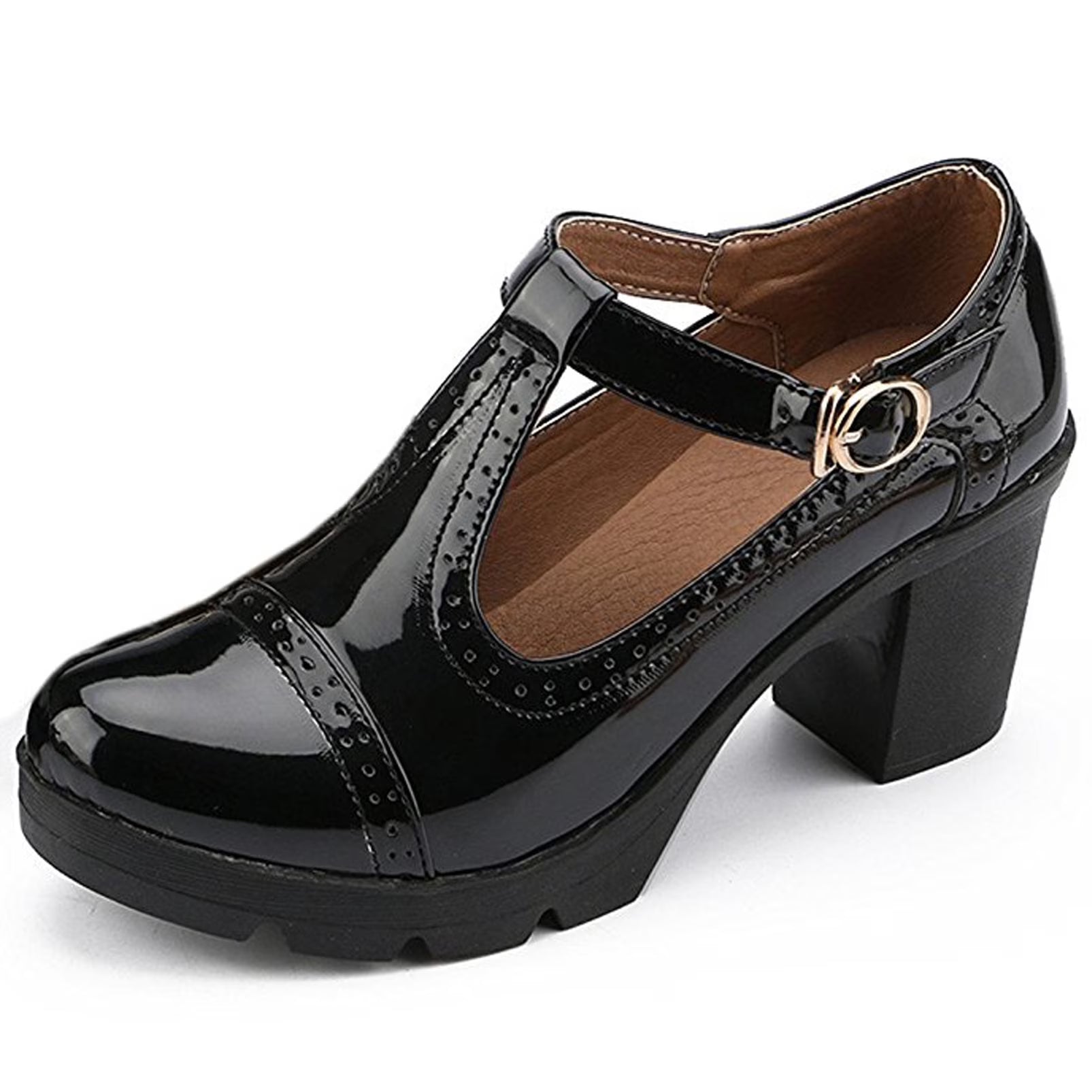Black Patent Leather T-Strap Platform Mary Jane Pumps S7220