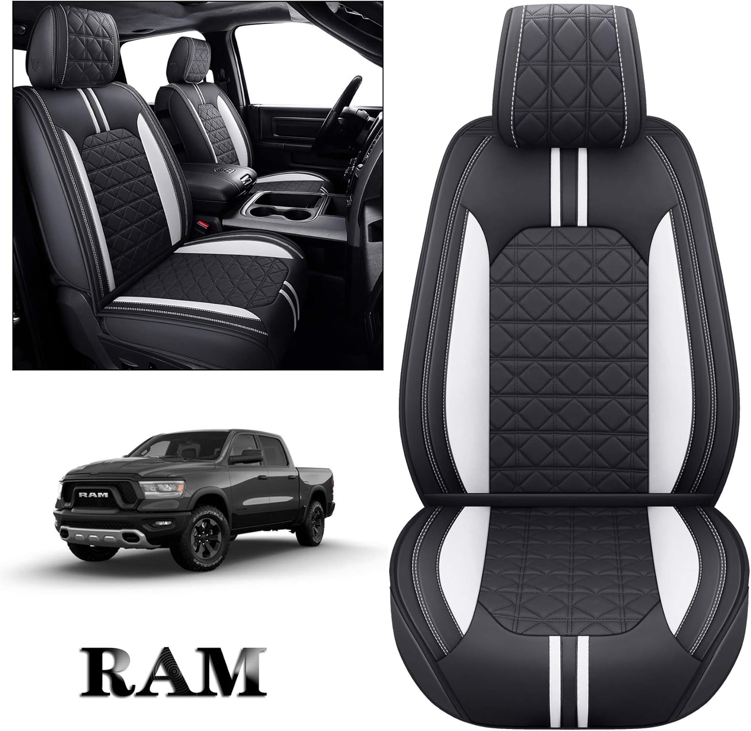 Black Faux Leather Front Seat Covers for Dodge RAM Pickup F491