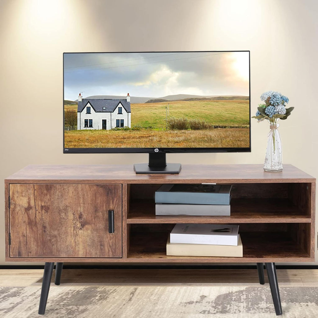 Rustic Brown TV Stand with Open Storage Shelves and Cabinet K64657
