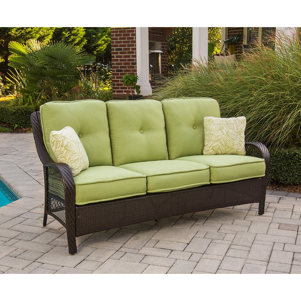 2-Piece Steel Outdoor Patio Deep Seating Set with Brown Wicker, Sofa, Avocado Green Cushions, 2 Pillows and Glass Top Rectangular Coffee Table S21460