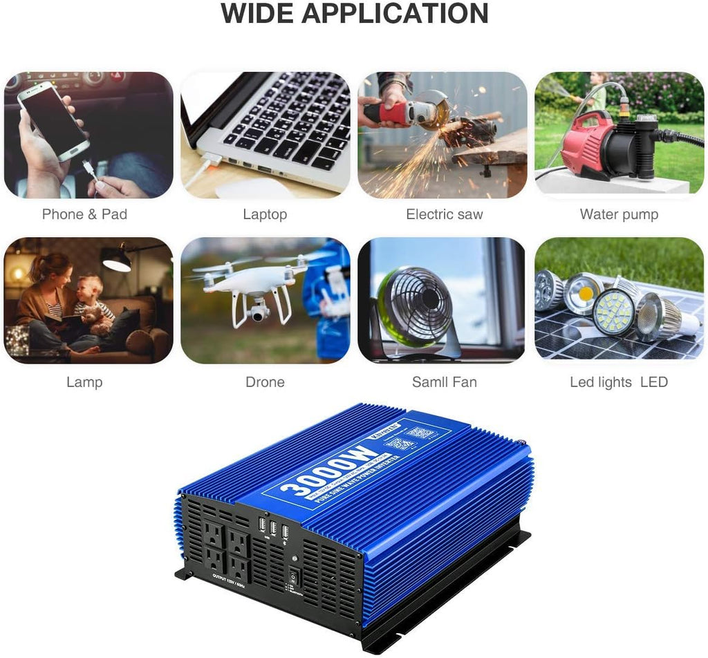 3000W Pure Sine Wave Power Inverter 12V DC to 110V AC Car Inverter with Bluetooth 4 AC Outlets 2 USB Ports J452