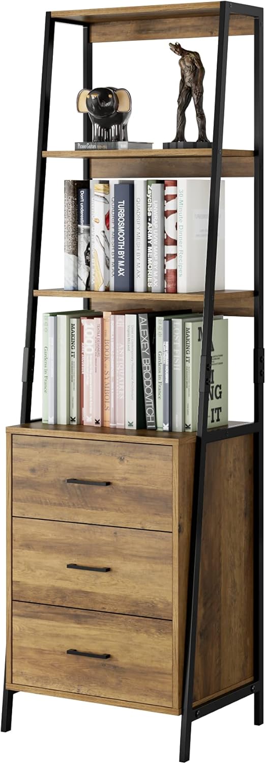 Rustic Brown 3 Tier Ladder Shelf with Fabric Drawers C11527