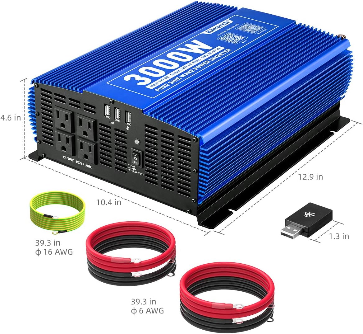 3000W Pure Sine Wave Power Inverter 12V DC to 110V AC Car Inverter with Bluetooth 4 AC Outlets 2 USB Ports J452