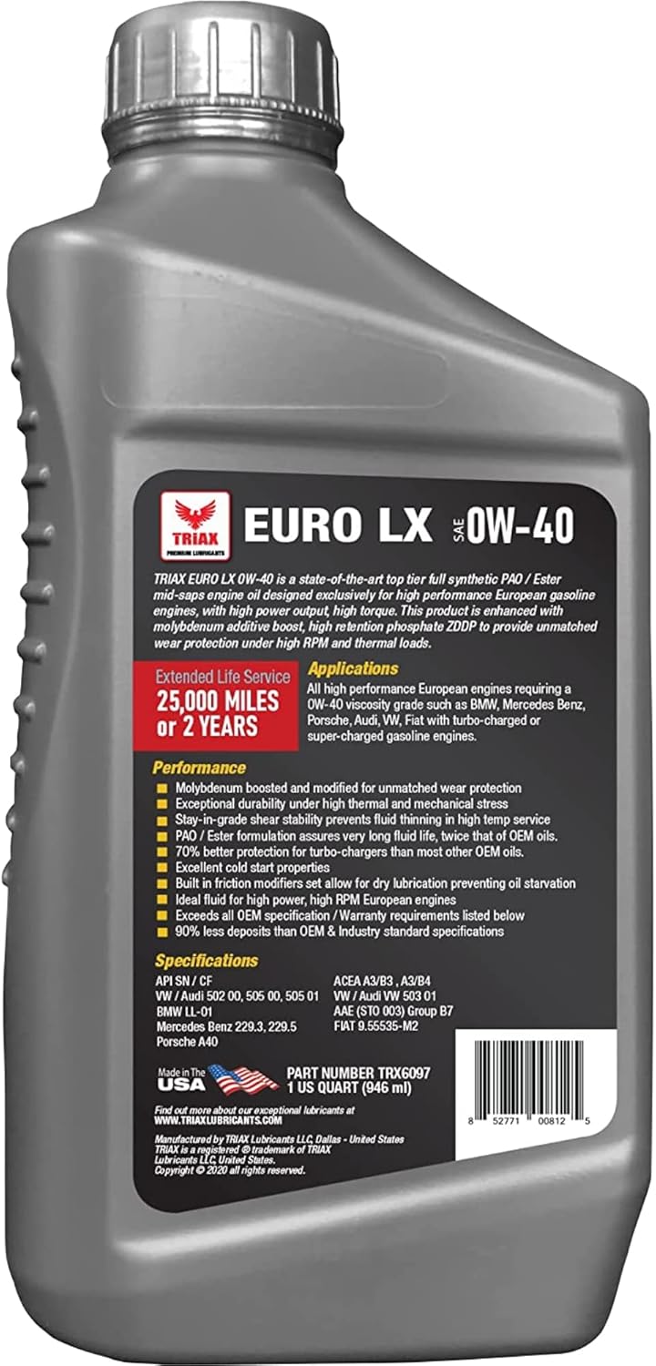 Triax Euro LX 0W-40 Full Synthetic 20K Miles 6 Quart Case Pack of 2 L4857