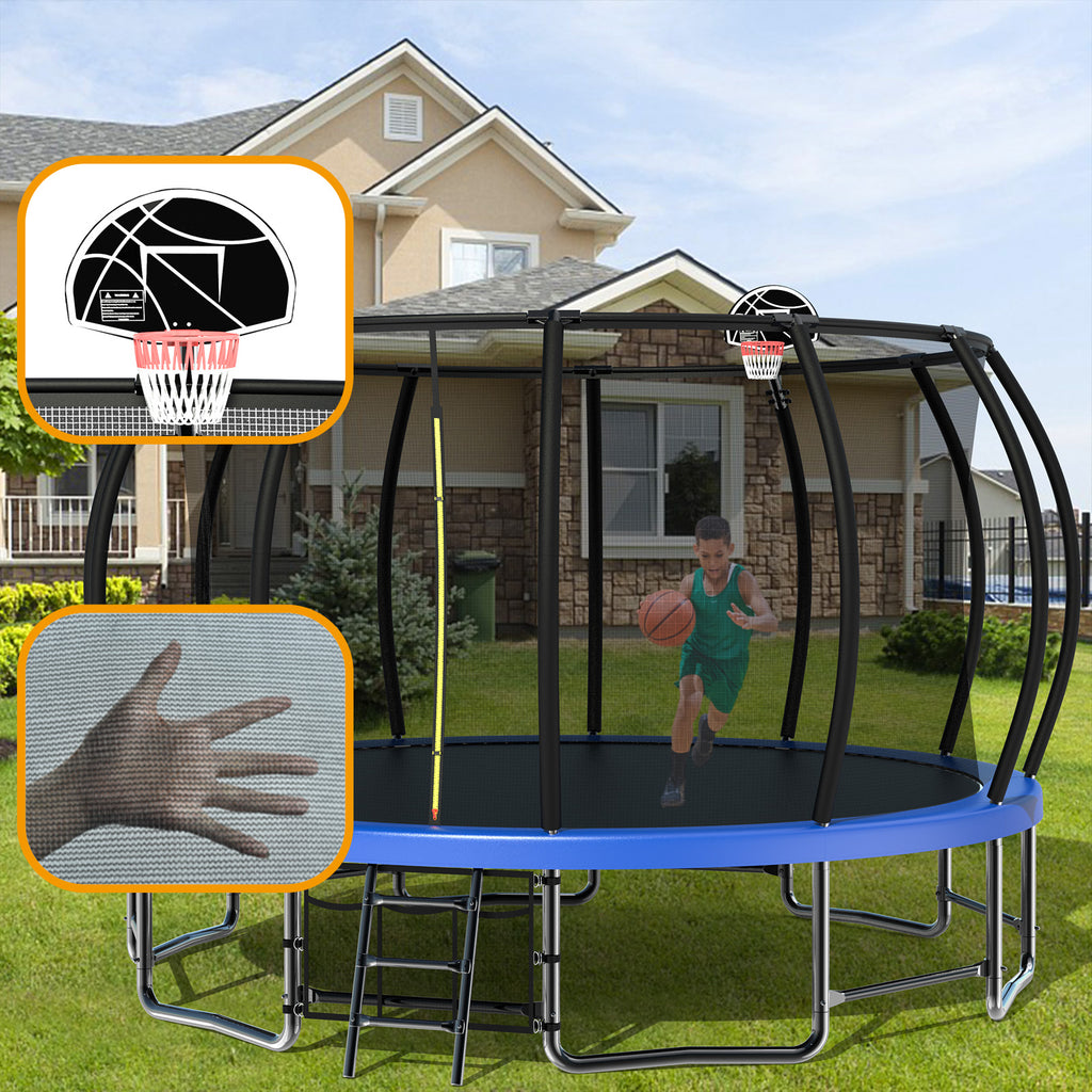15FT Trampoline with Basketball Hoop, Blue, with Enclosure Net & Ladder K6289