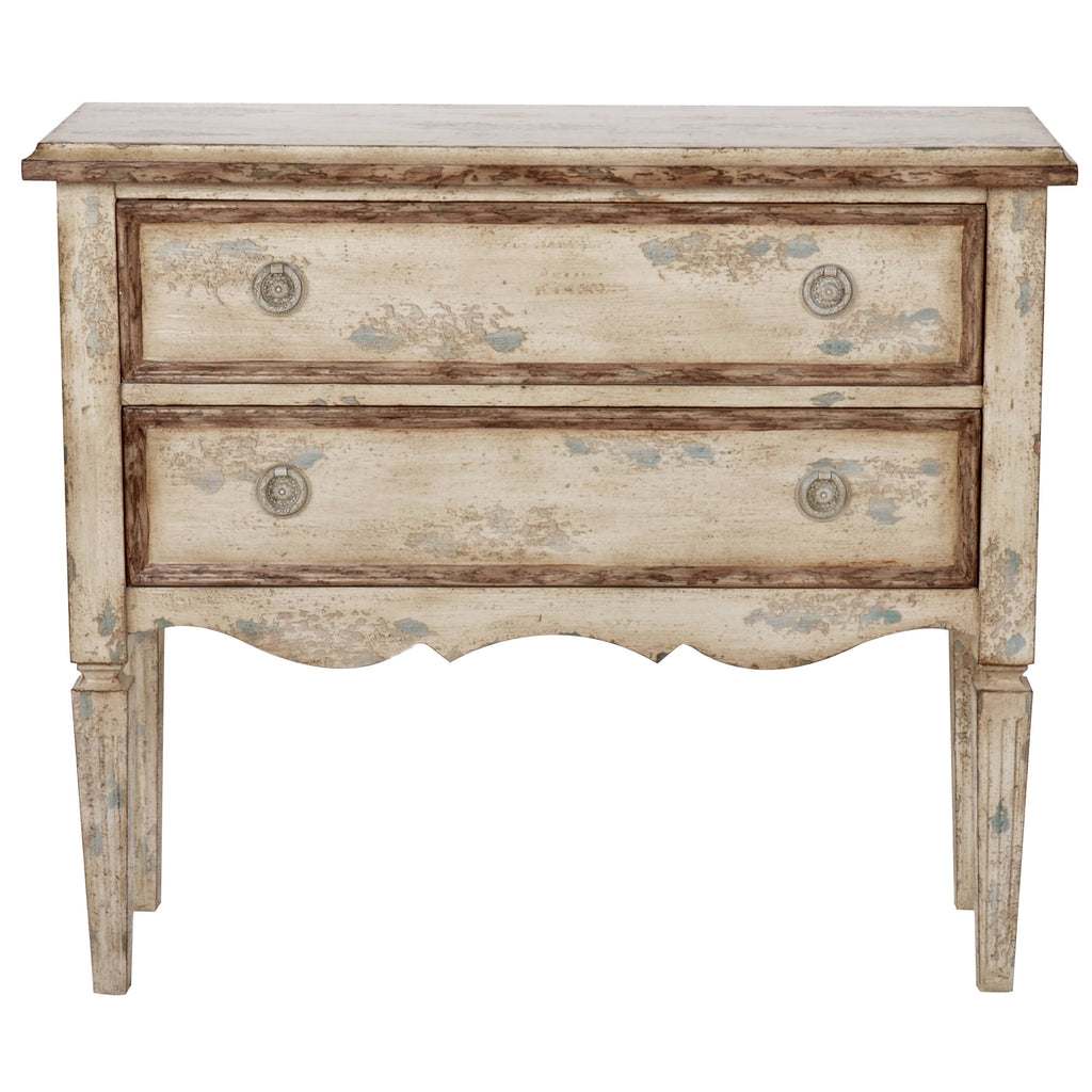 Distressed Two Drawer Farmhouse Hall Chest in Weathered Cream Z390