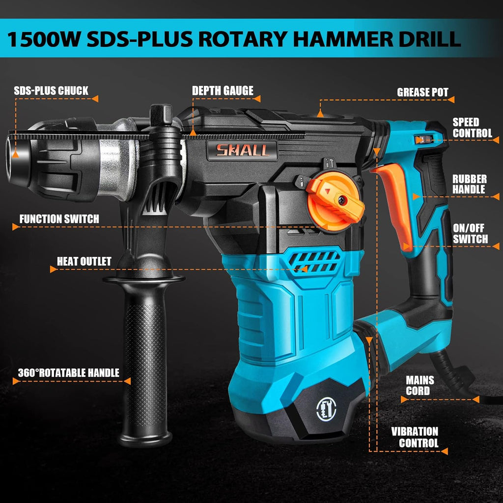 Rotary Hammer Drill with Flat Chisel, Point Chisel and 3 Drill Bits Included G7421