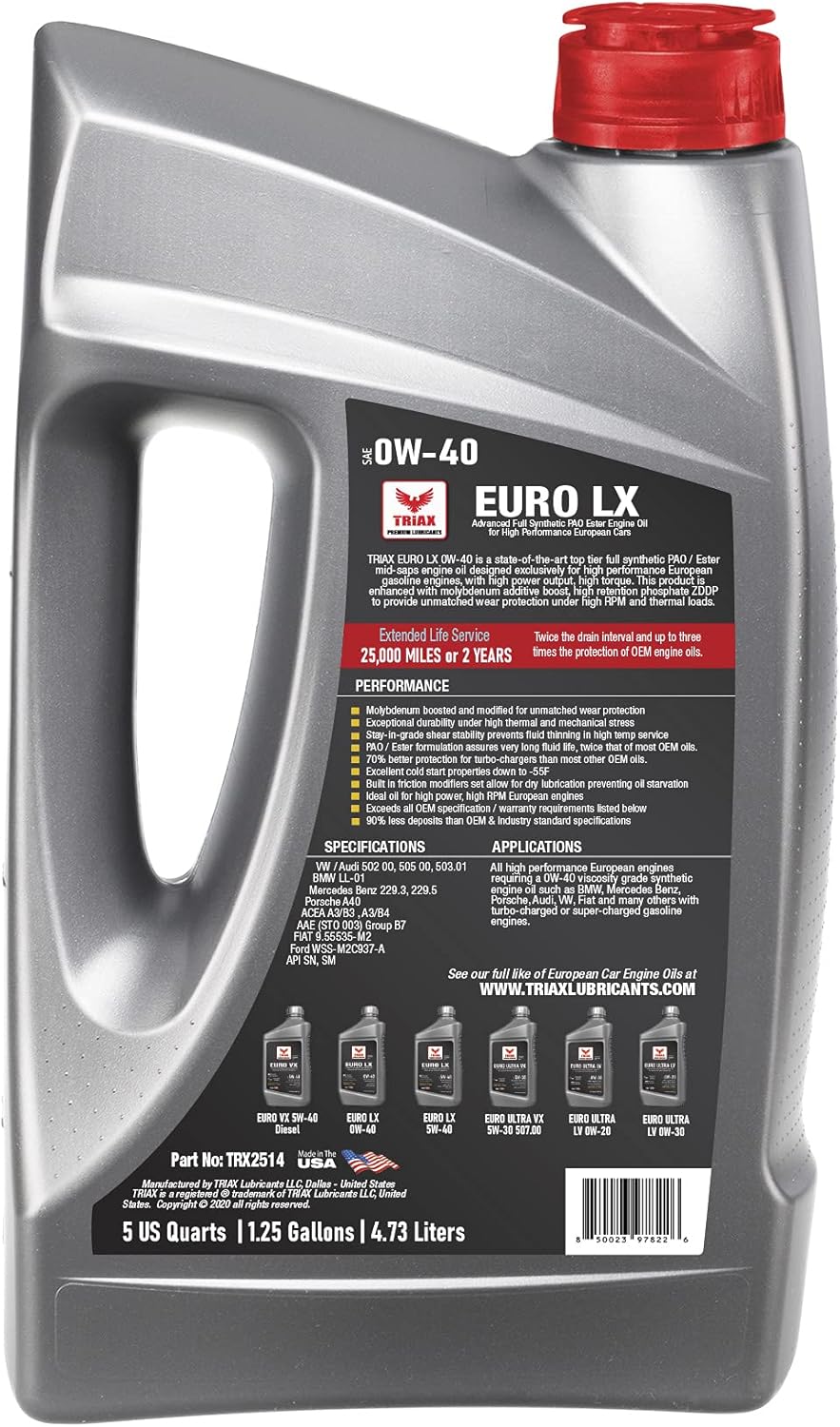 Triax Euro LX 0W-40 Full Synthetic 20K Miles 6 Quart Case Pack of 2 L4857
