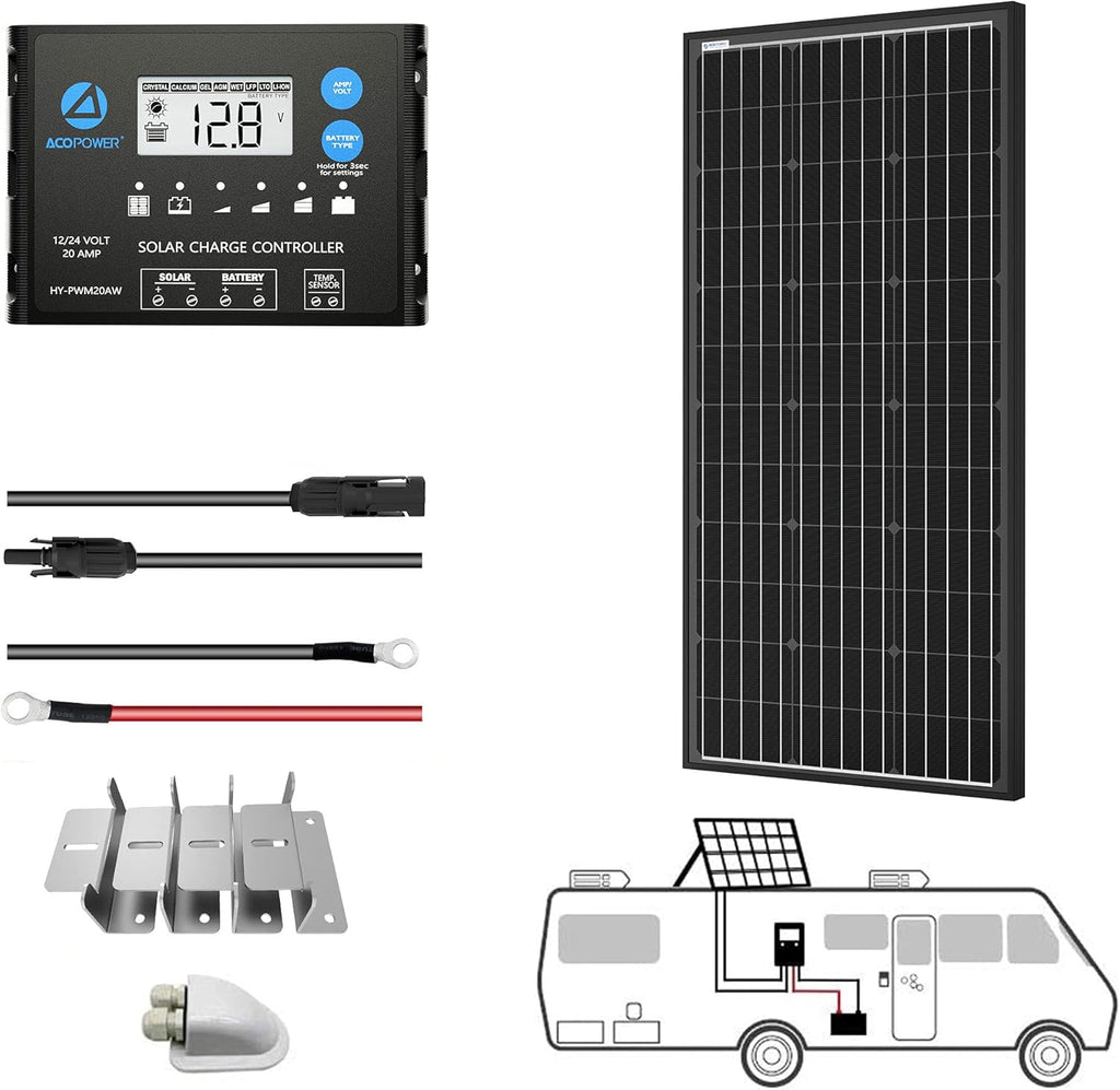 100 Watts Monocrystalline Solar RV Kit with 20A PWM LCD Charge Controller M513527