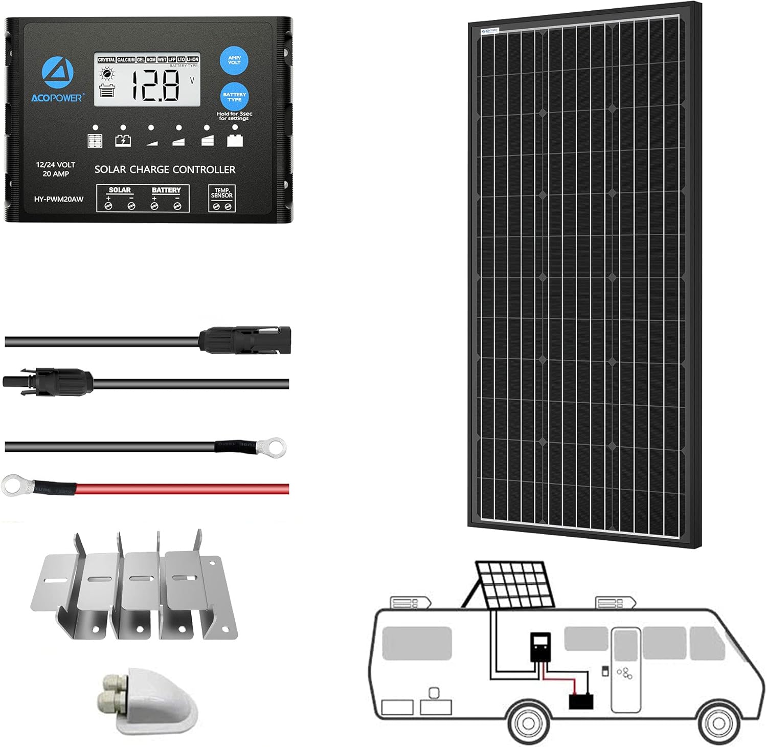 100 Watts Monocrystalline Solar RV Kit with 20A PWM LCD Charge Controller M513527