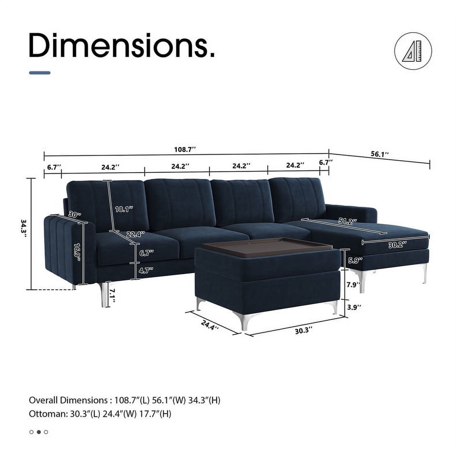 Dark Blue Velvet Convertible Sectional Sofa with Storage Ottoman Q4985