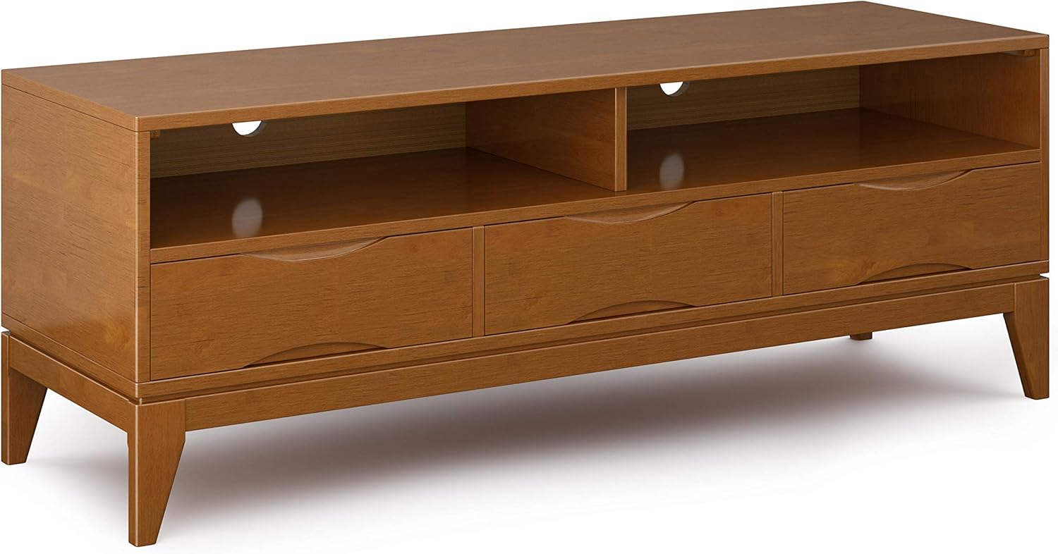 Teak Brown Solid Wood TV Media Stand with Storage Shelves and Cabinets K26241
