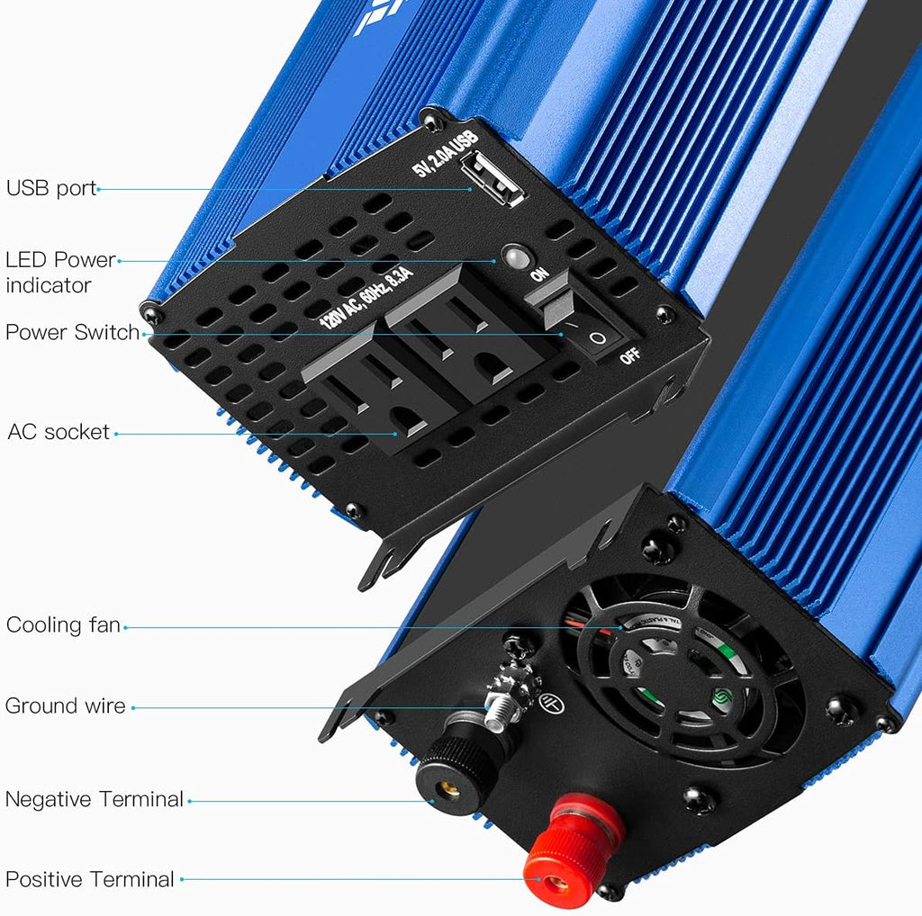 3000W Pure Sine Wave Power Inverter 12V DC to 110V AC Car Inverter with Bluetooth 4 AC Outlets 2 USB Ports J452